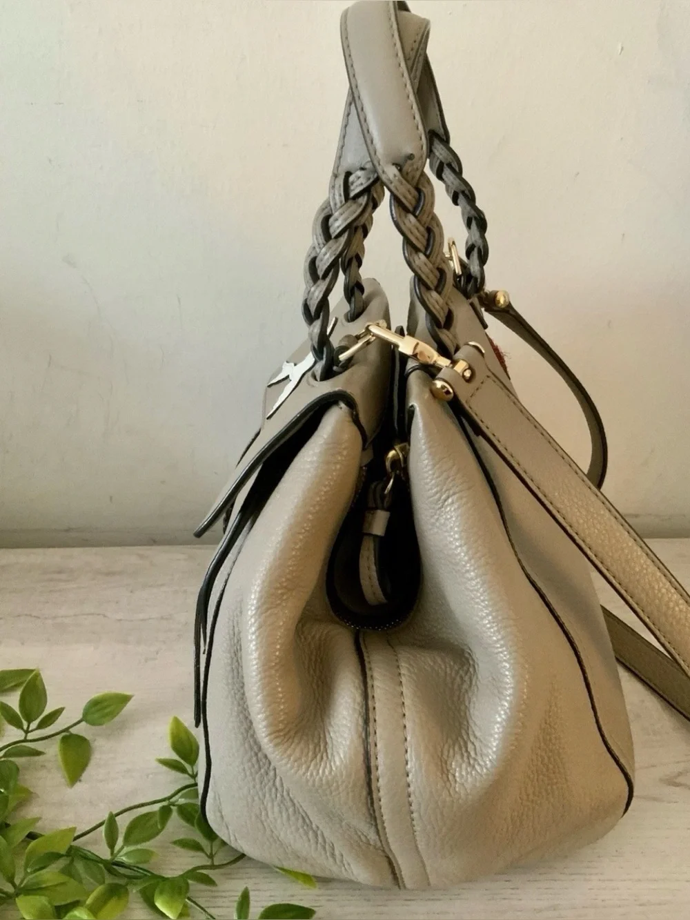 TORY BURCH PEACE LOVE HALF MOON SATCHEL FRENCH GRAY EUC